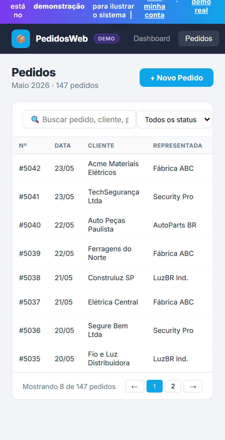 SysRepWeb no celular — tela de pedidos com lista e status